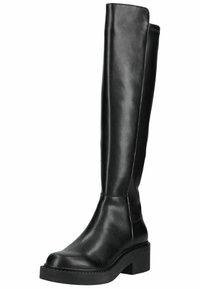 Botas negras hasta la rodilla fabricadas en piel suave, con puntera redondeada y suela de plataforma gruesa con tacón bajo. Diseño minimalista con detalles de costura.