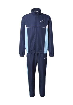 Granatowy dres z jasnoniebieskimi bocznymi panelami, kurtka na zamek błyskawiczny, elastyczne mankiety oraz logo Sergio Tacchini na piersi i prawej udzie.