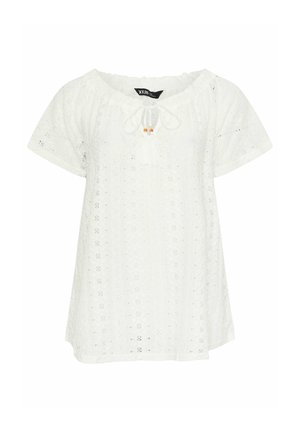 Weiße Bluse mit kurzen Ärmeln und Lochmuster, Rundhalsausschnitt und vorderer Bindung mit kleinen Holzperlen.