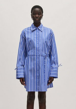 Gestreepte jurk in lichtblauw en wit, met een kraag, lange mouwen met strikjes en een getailleerde taille voor een aansluitende silhouet.