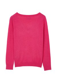 Rosa, langärmliger Pullover mit weitem Ausschnitt. Aus weichem Material gefertigt, hat er gerippte Bündchen und einen gerippten Saum und zeigt eine glatte Textur.