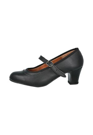 Zapato Mary Jane negro con tacón de bloque de altura media y correa ajustable con hebilla, presenta una punta redondeada y acabado en cuero liso.