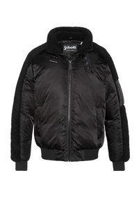 Sort bomberjakke med en blank nylonkrop, fleece-detaljer på kraven og skuldrene samt tætsiddende manchetter. Frontlynlås og sidelommer.