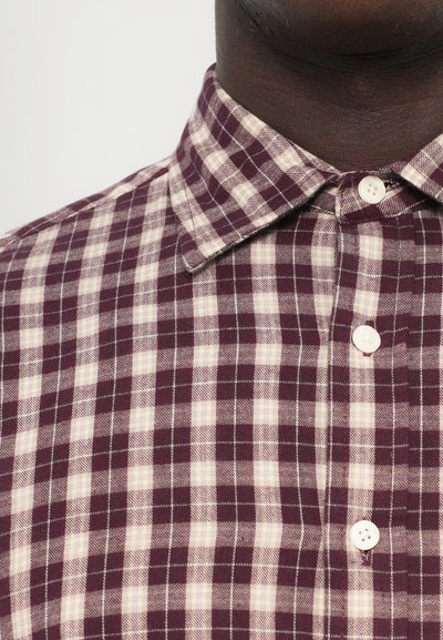 Primo piano di una persona che indossa una camicia a quadri bordeaux e bianca con colletto, che mostra tre bottoni bianchi.