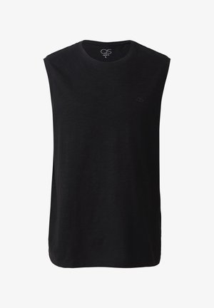 Zwarte mouwloze t-shirt van zachte stof; ronde halslijn, relaxed fit en een klein QS-logo op de borst. Geen zichtbare patronen of accenten.