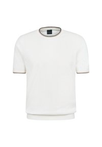 White short-sleeve t-shirt featuring a round neckline with a multi-colored trim, smooth texture, and a relaxed fit.