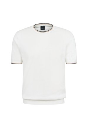 Weißes T-Shirt mit kurzen Ärmeln und rundem Halsausschnitt, verziert mit einem mehrfarbigen Besatz, weicher Textur und lässiger Passform.