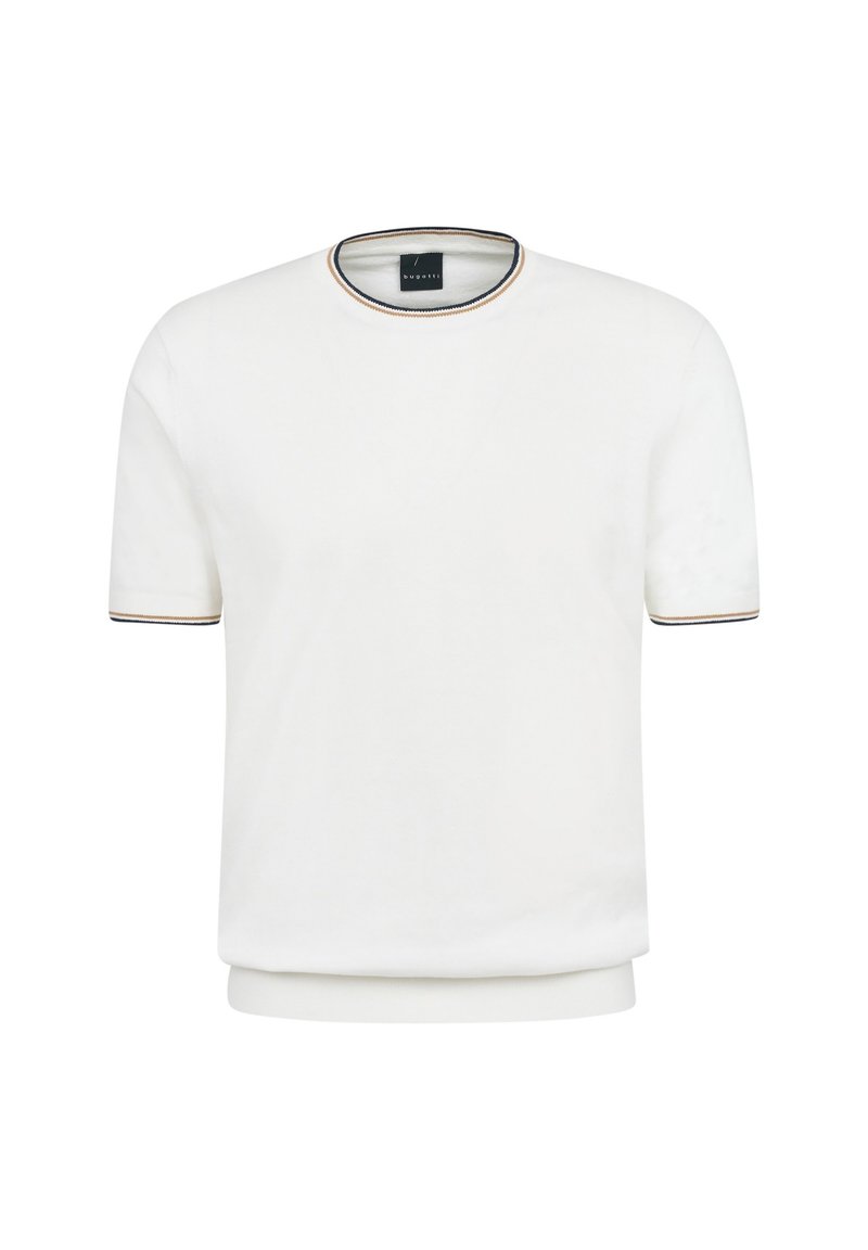 White short-sleeve t-shirt featuring a round neckline with a multi-colored trim, smooth texture, and a relaxed fit.