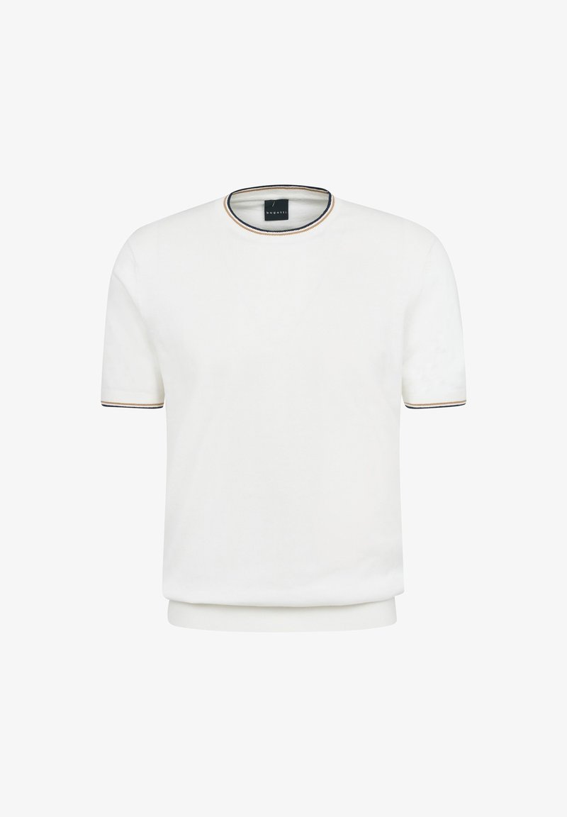 White short-sleeve t-shirt featuring a round neckline with a multi-colored trim, smooth texture, and a relaxed fit.