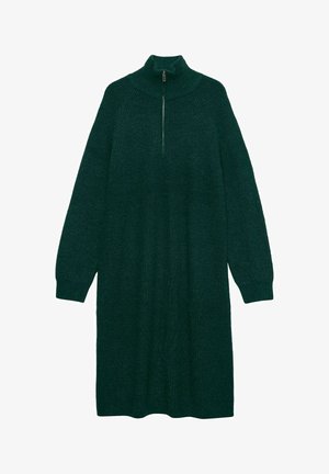 Langes, dunkelgrünes Strickkleid mit hohem Stehkragen, Raglanärmeln und legerer Passform, das aus einem strukturierten Stoff gefertigt ist.