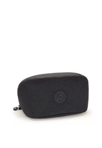 Borsetta nera con zip dalla forma arrotondata, realizzata in tessuto strutturato, con un logo circolare impresso sul fronte.