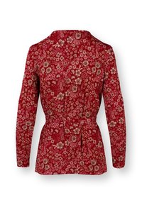 Rote Blumensakko mit langen Ärmeln, tailliert und mit aufwendigen Blumenmustern in Creme und Pink, ausgestattet mit einem Kragen.