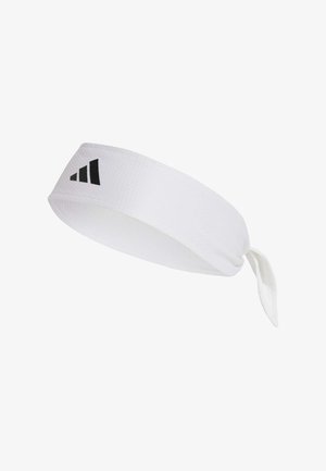 White athletic headband made of textured fabric, featuring a knotted end and a black Adidas logo on one side.