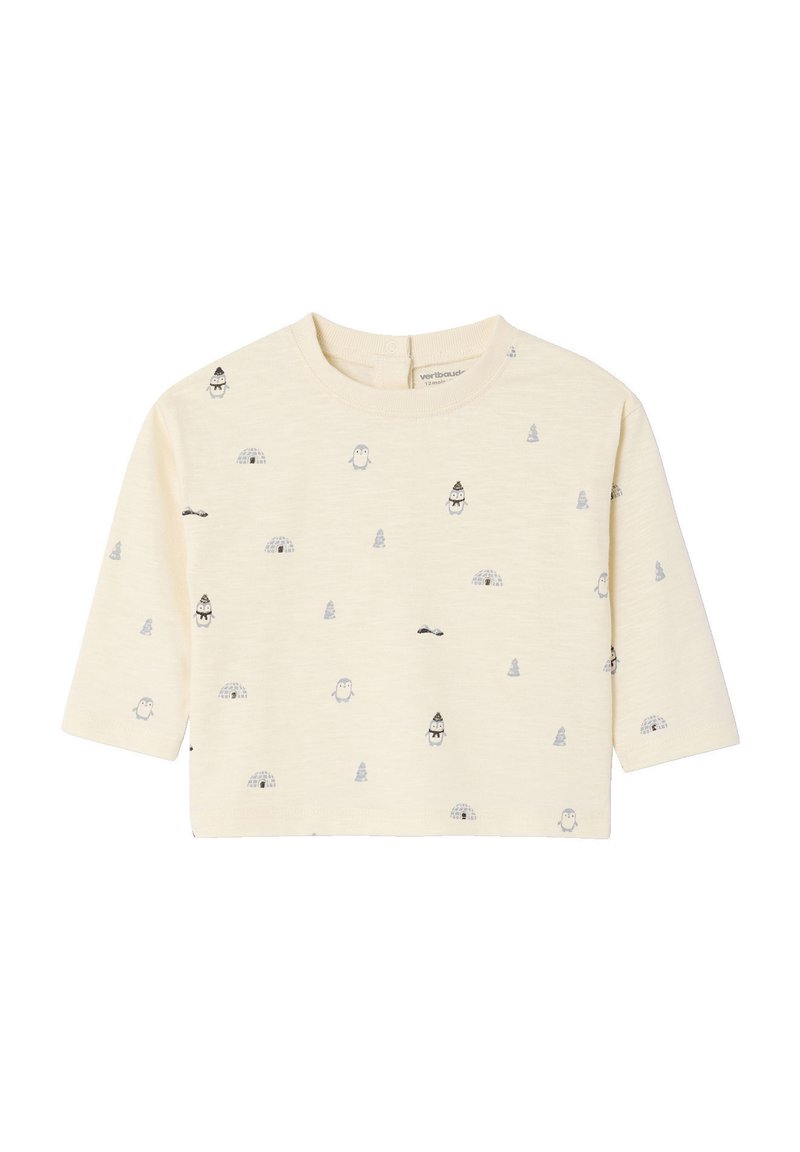 Light yellow cropped long-sleeve shirt featuring small gray penguin and igloo patterns, with a round neckline and back button closure.