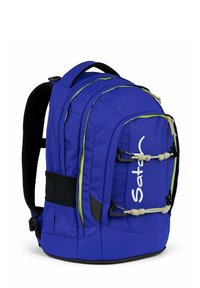 Blauer Rucksack aus strapazierfähigem Stoff mit schwarzen Akzenten, verfügt über mehrere Fächer, ein Gummiseil-Design und gepolsterte Schultergurte.