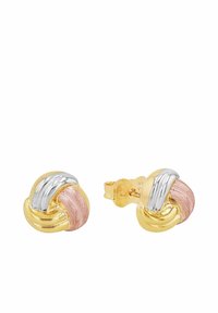 Örhängen i guld- och silverfärg med en sammanflätad design, som har en slät guldfinish, en borstad silverdetalj och en texturerad rosa del.