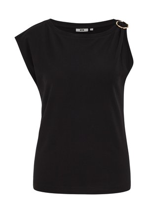 Haut noir sans manches avec encolure bateau et détail de bague dorée sur l'épaule gauche, en tissu lisse.