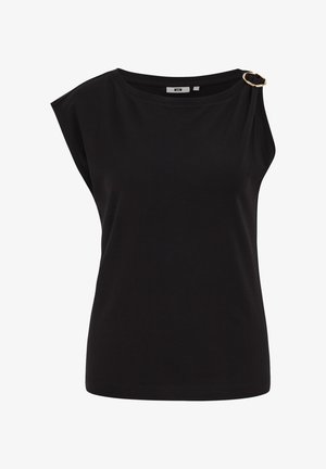 Schwarzes ärmelloses Oberteil mit Boot-Ausschnitt und goldener Ringdetail an der linken Schulter, aus glattem Stoff.