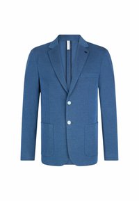 Blauer Blazer aus strukturiertem Stoff, einreihiges Design, drei Fronttaschen und zwei Knöpfe. Mit Revers und minimalistischen Stil.