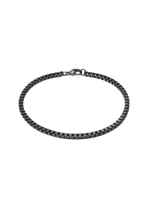 Black metal chain bracelet with rectangular links, featuring a secure lobster clasp. Sleek and smooth texture throughout.