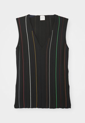 Black sleeveless top with a V-neck, featuring vertical stripes in red, white, blue, yellow, green, and brown; ribbed texture.