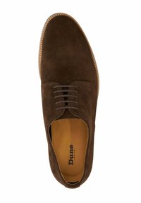 Brown suede shoe with a rounded toe and lace-up design. Features a tan leather insole with branding and a durable contrasting rubber sole.