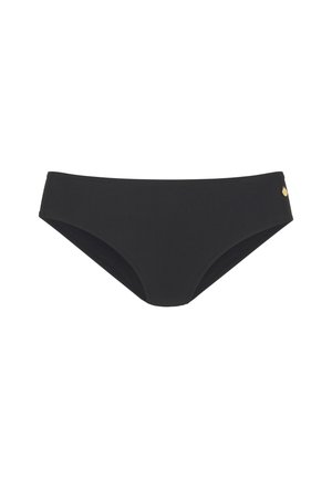 Zwarte bikini onderkant gemaakt van gladde stof met een minimalistisch design. Kenmerkt zich door een lage taille en een klein gouden logoaccent aan de zijkant.