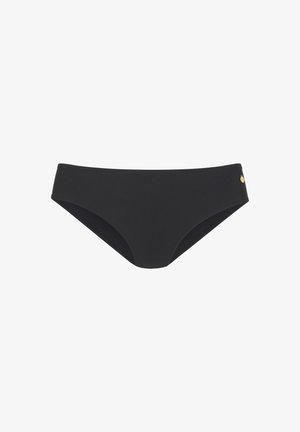 Black bikini bottom made of smooth fabric with a minimalist design. Features a low rise and a small gold logo accent on the side.
