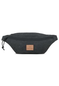Black fabric waist bag with a smooth texture, curved shape, top zipper closure, and a brown leather patch featuring the brand name.