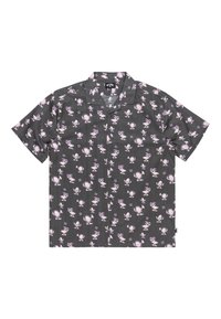 Korte mouw shirt van donkergrijs materiaal met een herhaald patroon van lichtpaarse cartoonfiguren en zon-symbolen. Met knoopsluiting aan de voorkant.