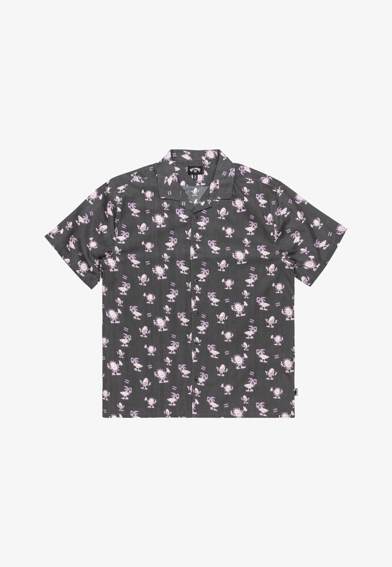 Camisa de manga corta en tejido gris oscuro con un patrón repetido de figuras de dibujos animados en púrpura claro y símbolos de sol. Diseño con botones en la parte delantera.