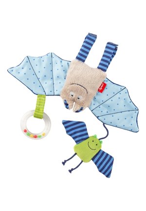 Soft baby bat toy with blue polka-dotted wings, striped straps, a clear teething ring, and a smaller green plush bat attached.