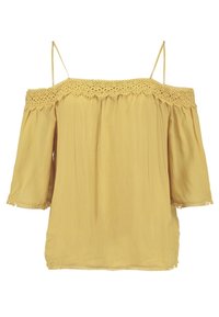 Off-the-shoulder yellow blouse with lace trim, short sleeves, and a relaxed fit. Made of lightweight fabric with a smooth texture.