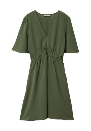 Olive green dress made of textured fabric, featuring a V-neck, short puff sleeves, and a gathered waist for a relaxed fit.