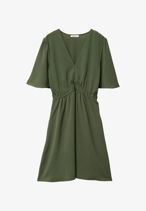 Olive green dress made of textured fabric, featuring a V-neck, short puff sleeves, and a gathered waist for a relaxed fit.