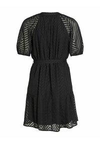 Zwarte jurk met een gestructureerde stof met een v-hals patroon, korte opgeblazen mouwen, een tailleband en een gelaagde zoomontwerp.