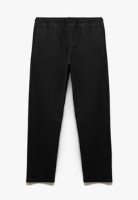 Zwarte, geweven broek met een elastische tailleband en koord. Voorzien van schuine zijzakken en een rechte pijpdesign, zonder zichtbare patronen.