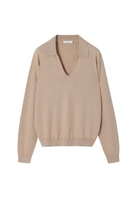 Beige gestrickter Pullover mit V-Ausschnitt, langen Ärmeln und lockerer Passform; mit flachem Kragen sowie geripptem Saum und Bündchen.