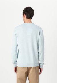 Gai zils džemperis ar apaļu kakla izgriezumu, ribotām piedurknēm un apakšmalu. Izgatavots no mīksta materiāla. Valkāts virs bēšām biksēm, skatīts no aizmugures.