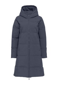 Doudoune bleu foncé, dotée d'une capuche, d'une fermeture éclair, de manches longues et d'une texture matelassée avec un motif géométrique sur toute la surface.