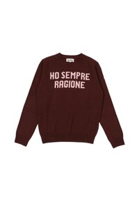 Maglione a maglia bordeaux con maniche lunghe e scollatura rotonda. Presenta la scritta rosa chiaro "HO SEMPRE RAGIONE" in evidenza sul davanti.