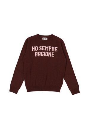 Pull en tricot bordeaux à manches longues et col rond. Présente le texte rose clair "HO SEMPRE RAGIONE" en évidence sur le devant.