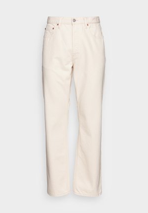 Kremfargede denimjeans med rett snitt. Har fem lommer, knappelukking foran og kontrasterende sømmer.