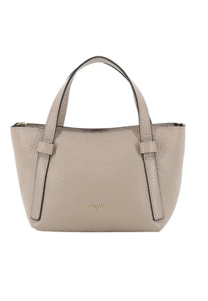 Beige leather handbag with dual top handles, a structured shape, and a subtle textured finish. Features a gold logo on the front.