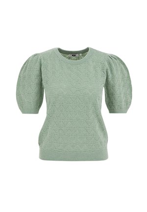 Mintrohelise värvi kootud kampsun volangvarrukatega, geomeetrilise mustriga, soonikkoes mansettide ja ümara kaelusega. Tekstuuriga kangas loob peene visuaalse huvi.