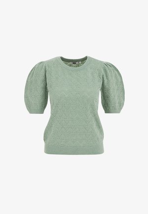 Miętowy sweter dziany z bufiastymi rękawami, geometrycznym wzorem, ściągaczami na mankietach i okrągłym dekoltem. Teksturowana tkanina dodaje subtelnego wizualnego uroku.