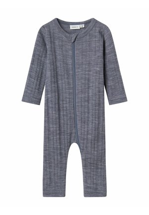 Gray ribbed fabric onesie with long sleeves, full front zipper, and ankle-length legs; features a round neckline and soft texture.
