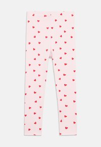 Ροζ κολάν με επαναλαμβανόμενο μοτίβο μικρών κόκκινων καρδιών, κατασκευασμένο από απαλό, ελαστικό ύφασμα, με σχεδιασμό μέχρι τον αστράγαλο και ελαστική μέση.