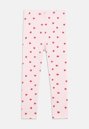 Leggings rosa con un motivo a ripetizione di piccoli cuori rossi, realizzati in un tessuto morbido e elastico, con design alla caviglia e vita elasticizzata.
