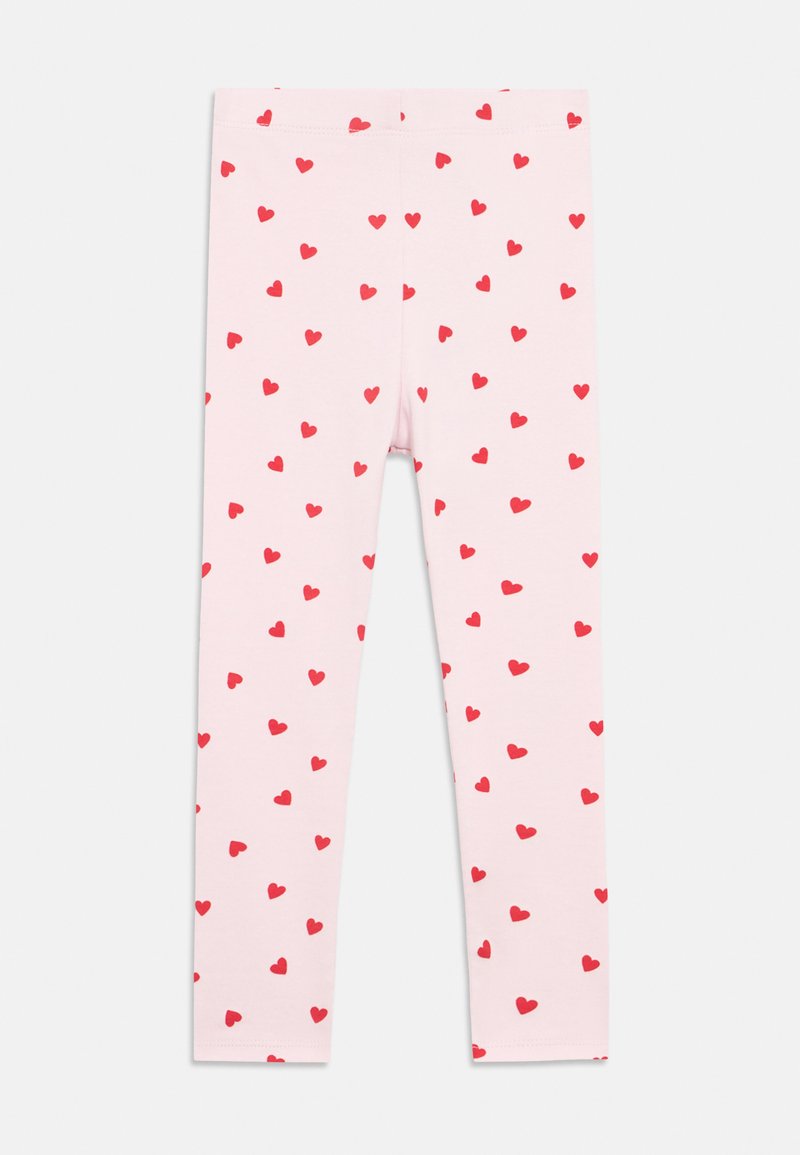 Ροζ κολάν με επαναλαμβανόμενο μοτίβο μικρών κόκκινων καρδιών, κατασκευασμένο από απαλό, ελαστικό ύφασμα, με σχεδιασμό μέχρι τον αστράγαλο και ελαστική μέση.